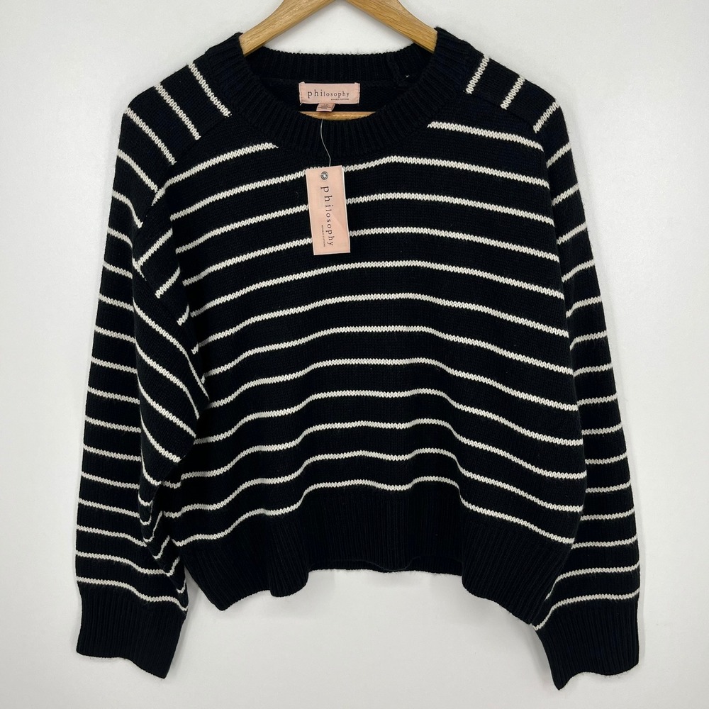 Philosophy Republic Clothing Striped Crewneck Sweater Black White Womens L NWT